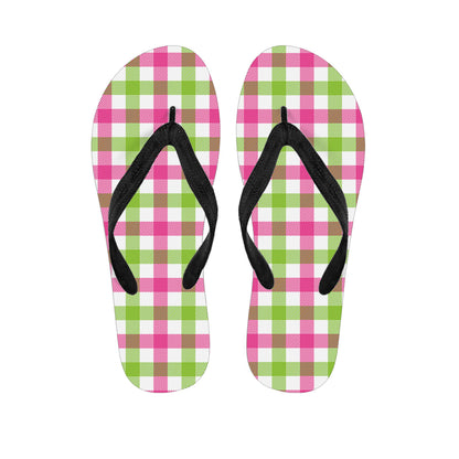 White Pink And Green Buffalo Plaid Print Flip Flops