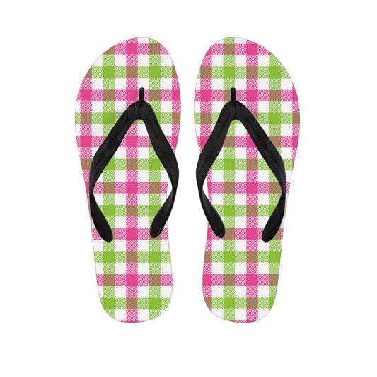 White Pink And Green Buffalo Plaid Print Flip Flops
