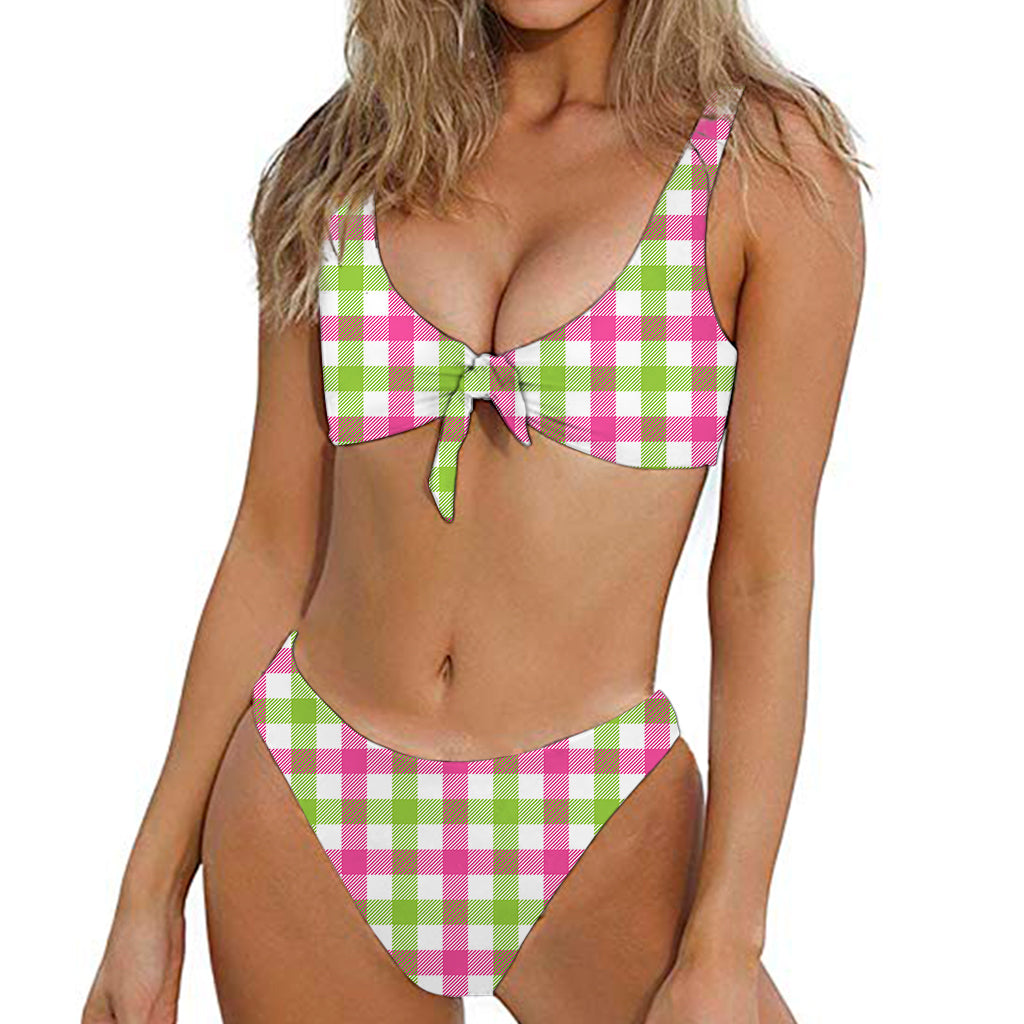 White Pink And Green Buffalo Plaid Print Front Bow Tie Bikini