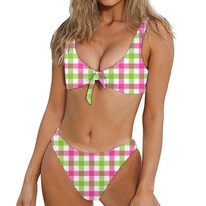 White Pink And Green Buffalo Plaid Print Front Bow Tie Bikini