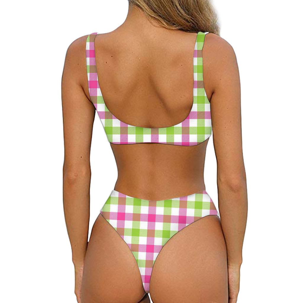 White Pink And Green Buffalo Plaid Print Front Bow Tie Bikini