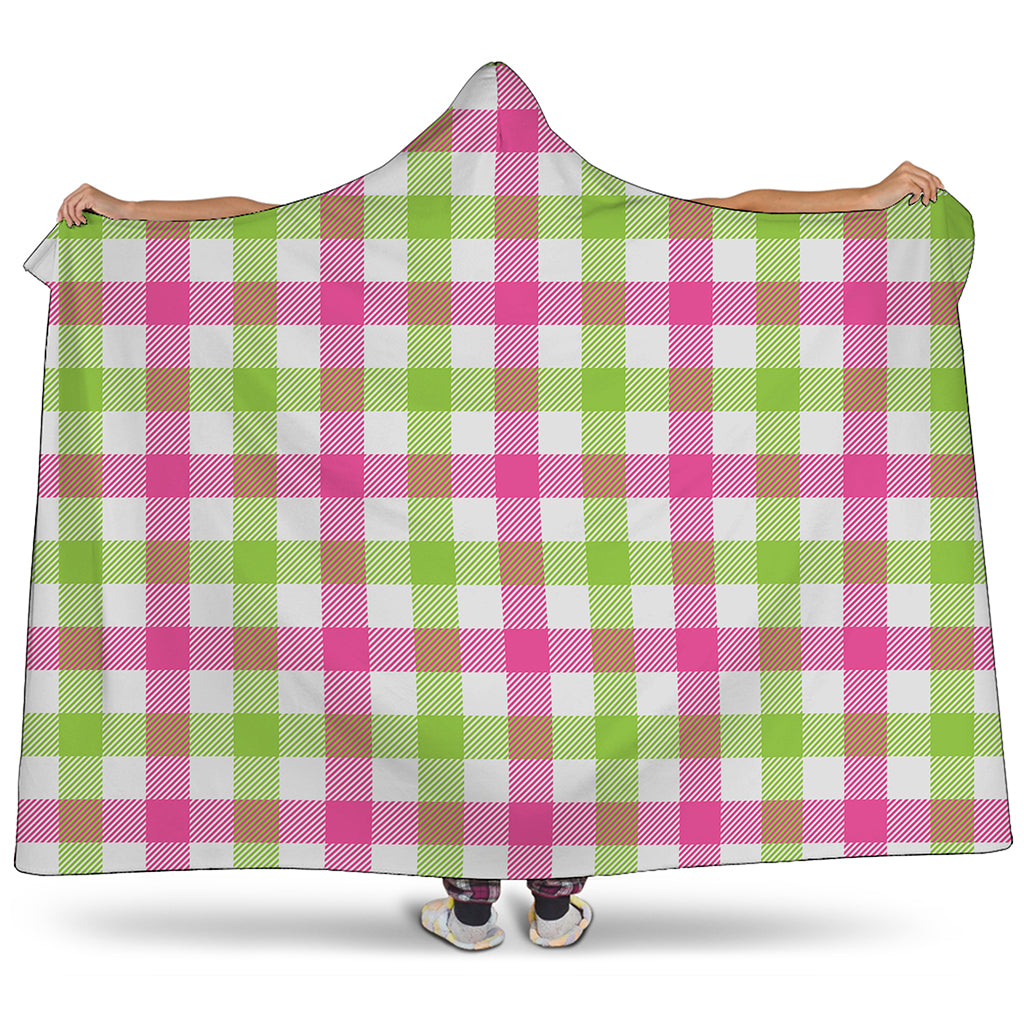 White Pink And Green Buffalo Plaid Print Hooded Blanket