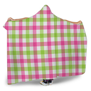 White Pink And Green Buffalo Plaid Print Hooded Blanket