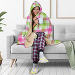 White Pink And Green Buffalo Plaid Print Hooded Blanket