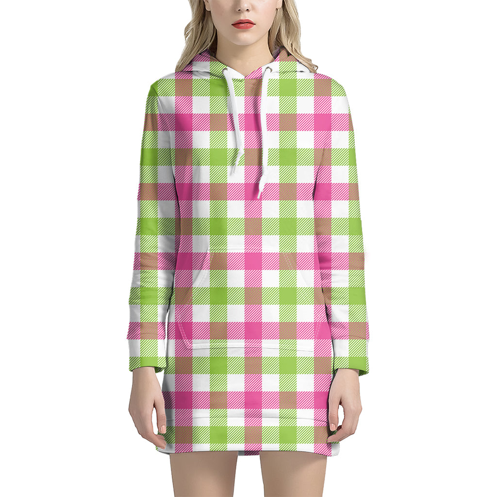 White Pink And Green Buffalo Plaid Print Hoodie Dress