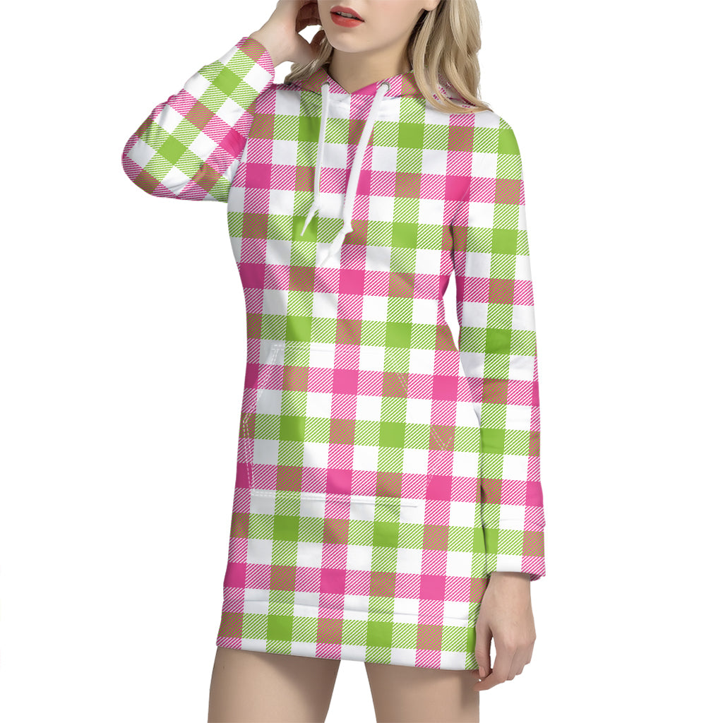 White Pink And Green Buffalo Plaid Print Hoodie Dress