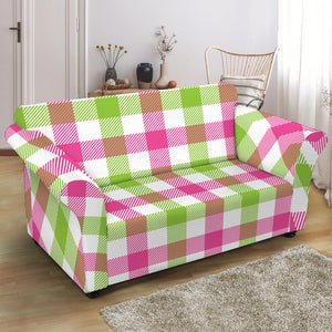 White Pink And Green Buffalo Plaid Print Loveseat Slipcover