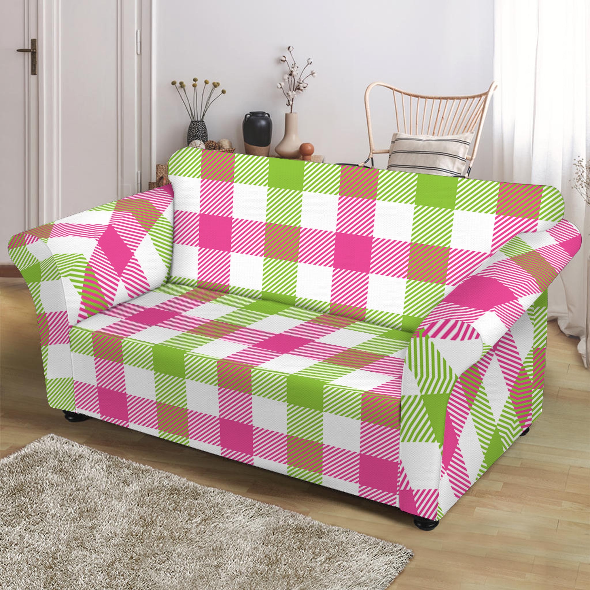 White Pink And Green Buffalo Plaid Print Loveseat Slipcover