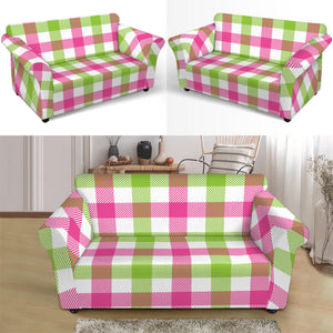 White Pink And Green Buffalo Plaid Print Loveseat Slipcover