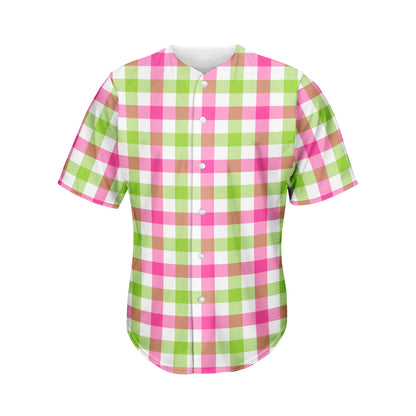 White Pink And Green Buffalo Plaid Print Men's Baseball Jersey