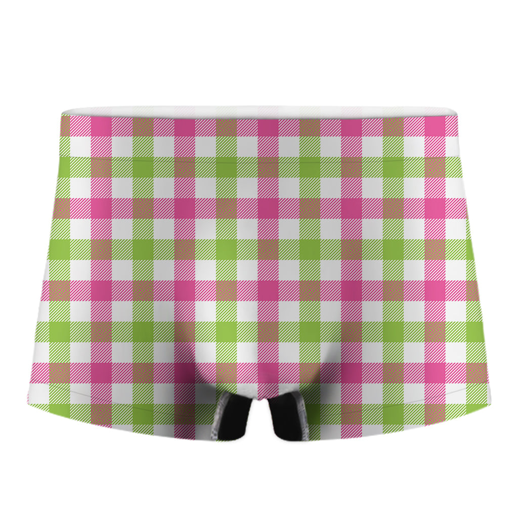 White Pink And Green Buffalo Plaid Print Men's Boxer Briefs