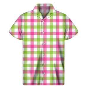 White Pink And Green Buffalo Plaid Print Men's Short Sleeve Shirt