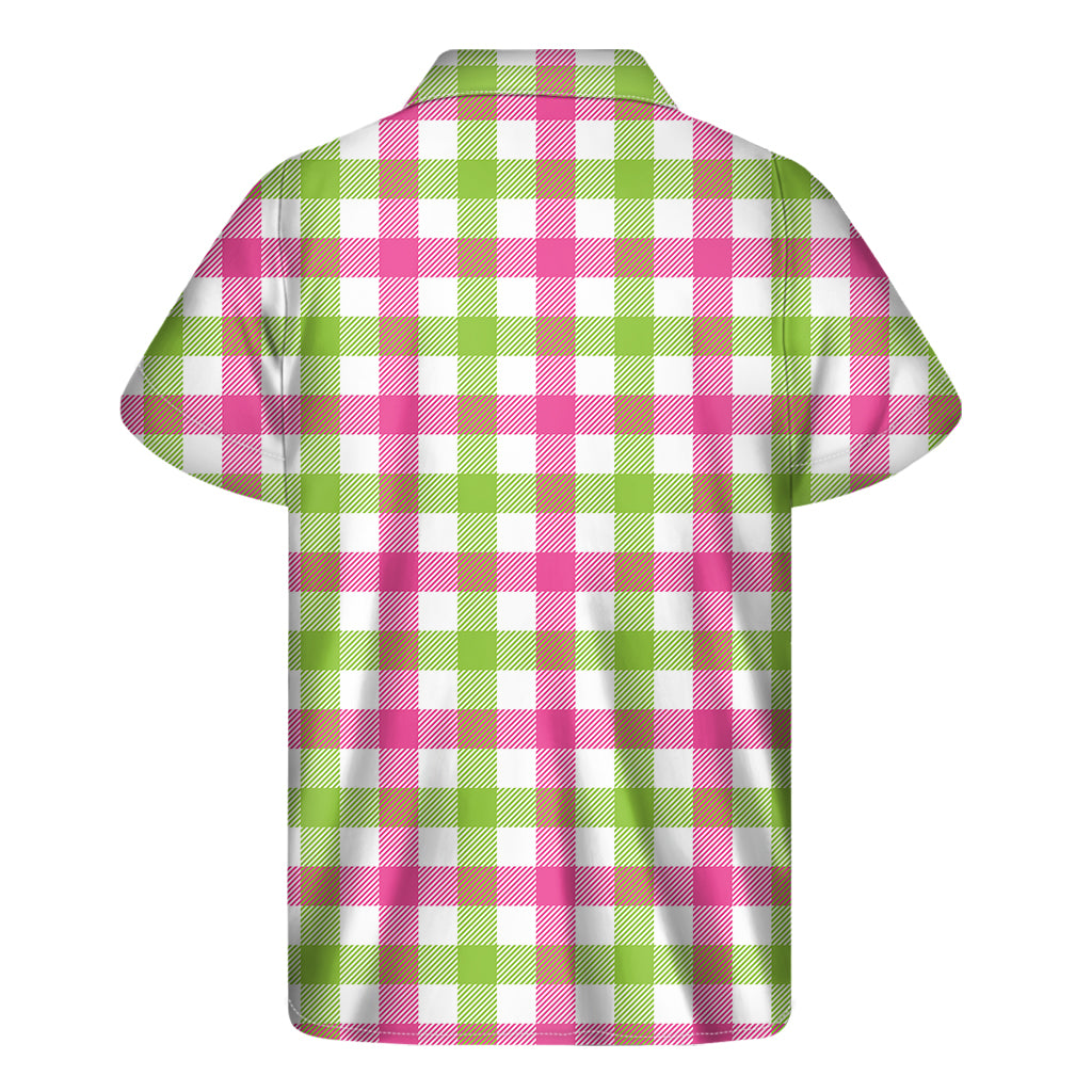 White Pink And Green Buffalo Plaid Print Men's Short Sleeve Shirt