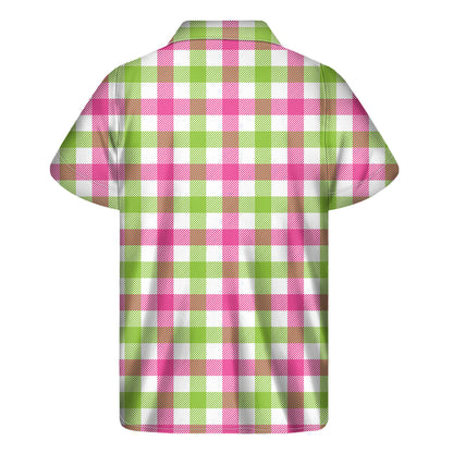 White Pink And Green Buffalo Plaid Print Men's Short Sleeve Shirt