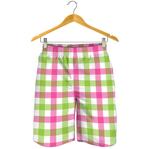 White Pink And Green Buffalo Plaid Print Men's Shorts