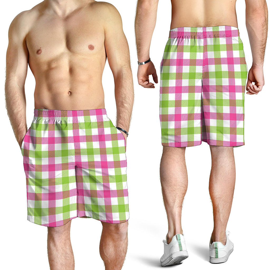 White Pink And Green Buffalo Plaid Print Men's Shorts