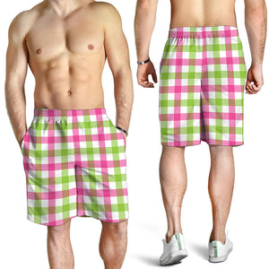 White Pink And Green Buffalo Plaid Print Men's Shorts