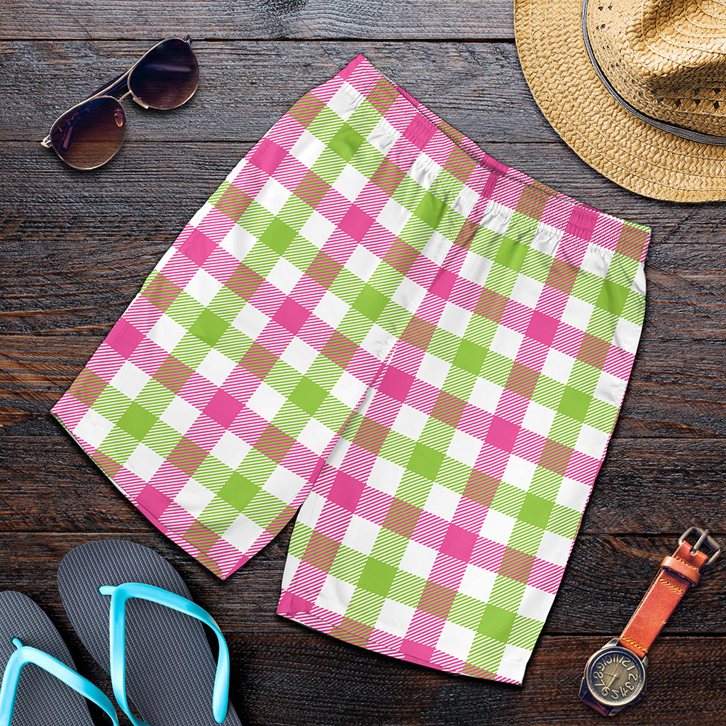 White Pink And Green Buffalo Plaid Print Men's Shorts