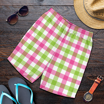 White Pink And Green Buffalo Plaid Print Men's Shorts