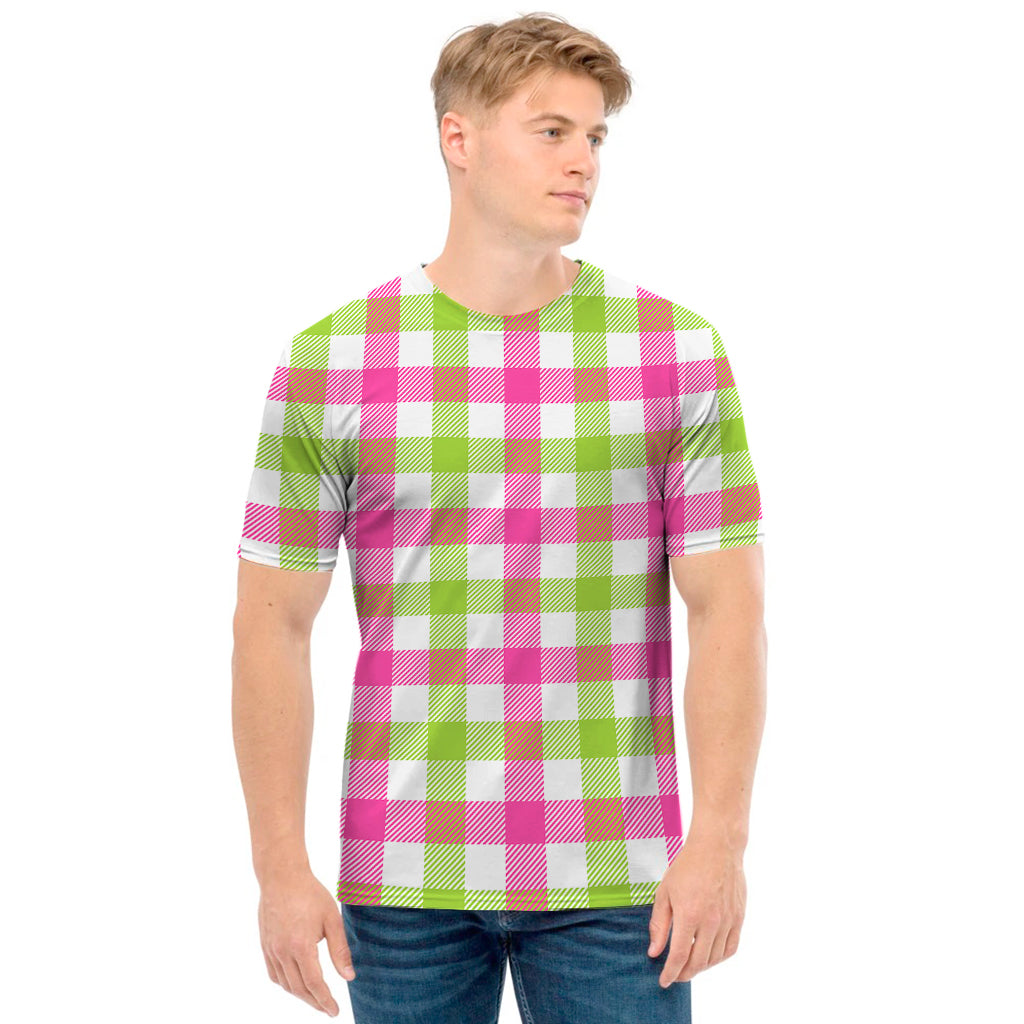 White Pink And Green Buffalo Plaid Print Men's T-Shirt