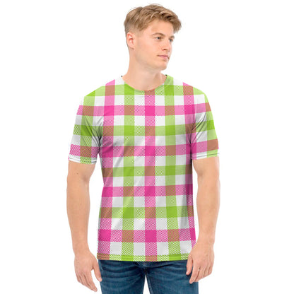 White Pink And Green Buffalo Plaid Print Men's T-Shirt