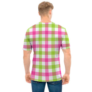 White Pink And Green Buffalo Plaid Print Men's T-Shirt