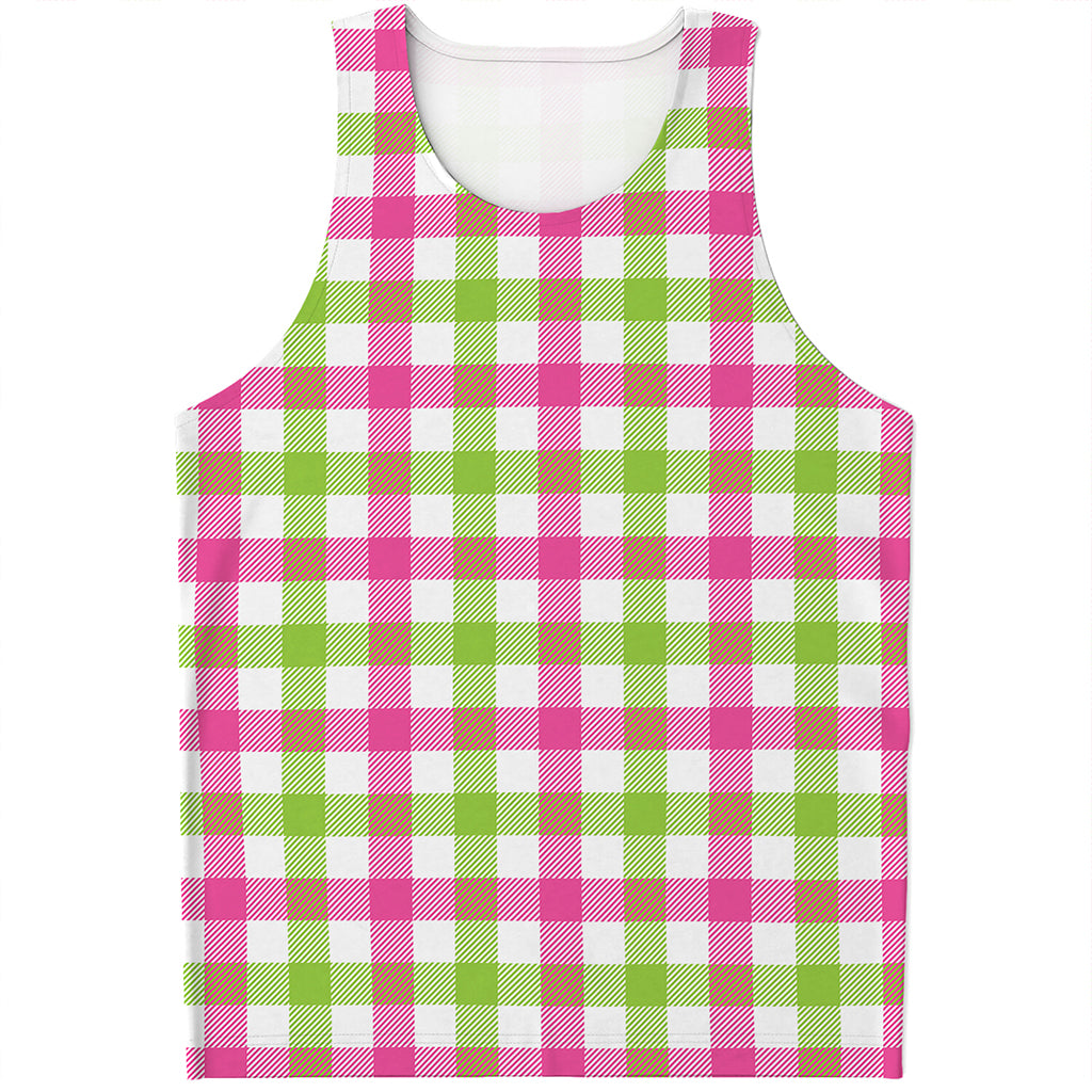 White Pink And Green Buffalo Plaid Print Men's Tank Top