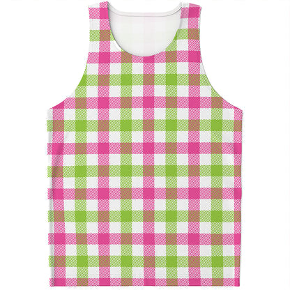 White Pink And Green Buffalo Plaid Print Men's Tank Top