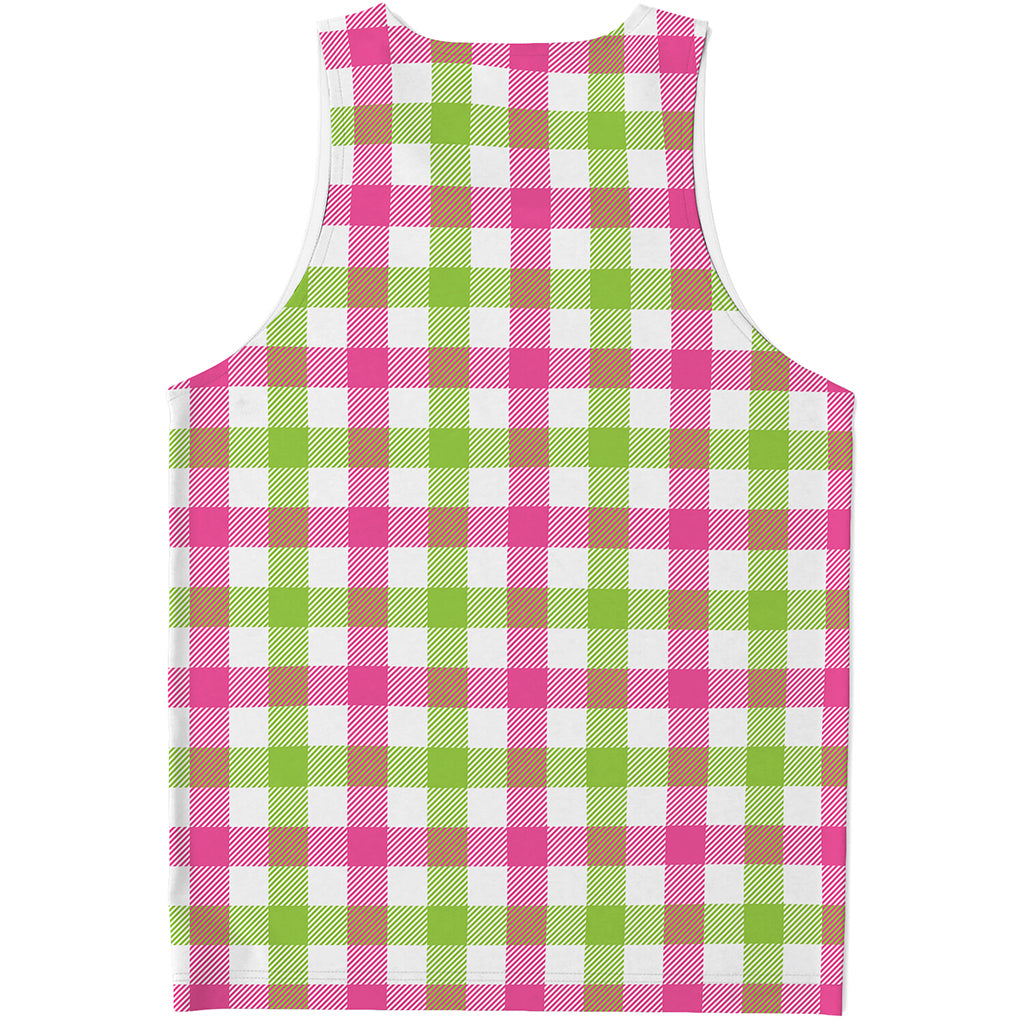 White Pink And Green Buffalo Plaid Print Men's Tank Top