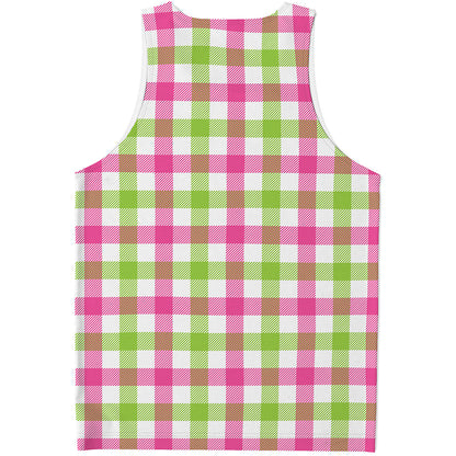 White Pink And Green Buffalo Plaid Print Men's Tank Top