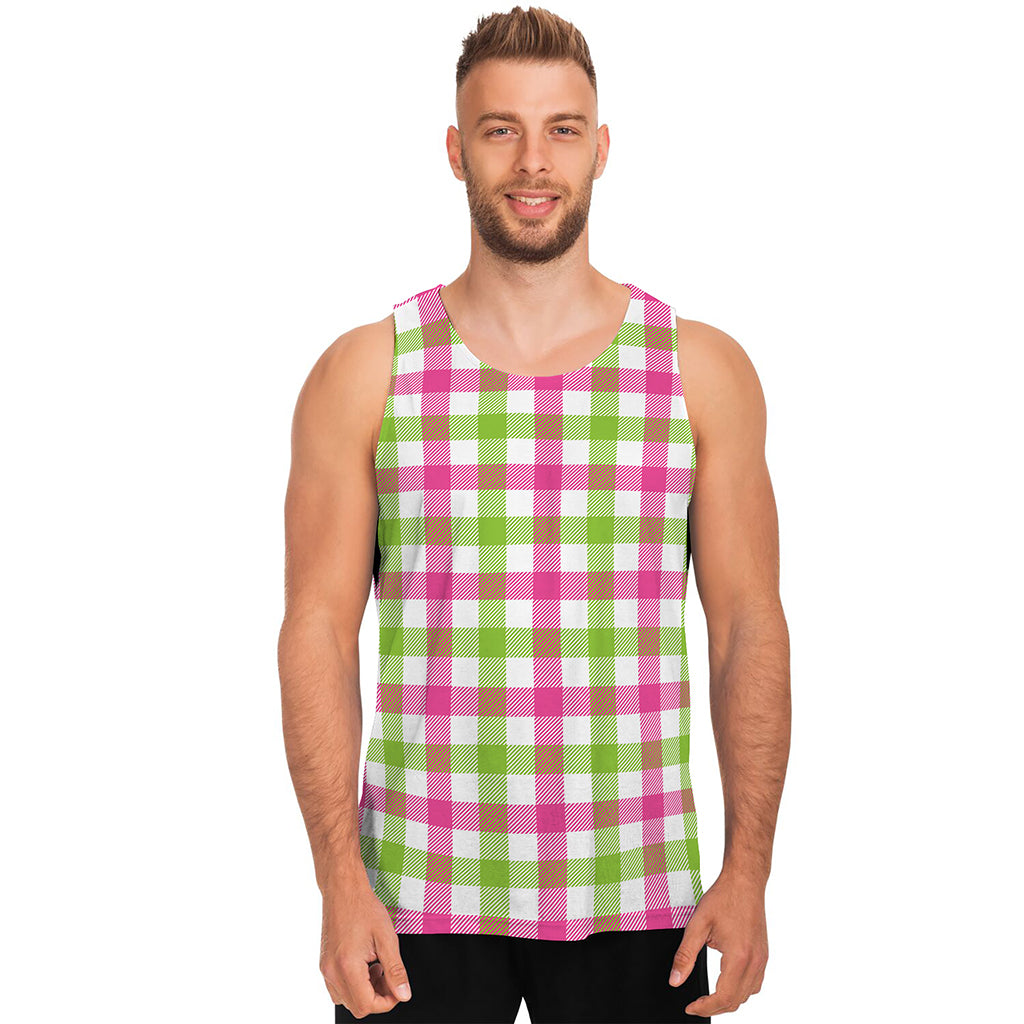 White Pink And Green Buffalo Plaid Print Men's Tank Top