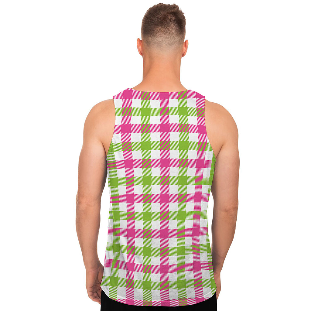 White Pink And Green Buffalo Plaid Print Men's Tank Top