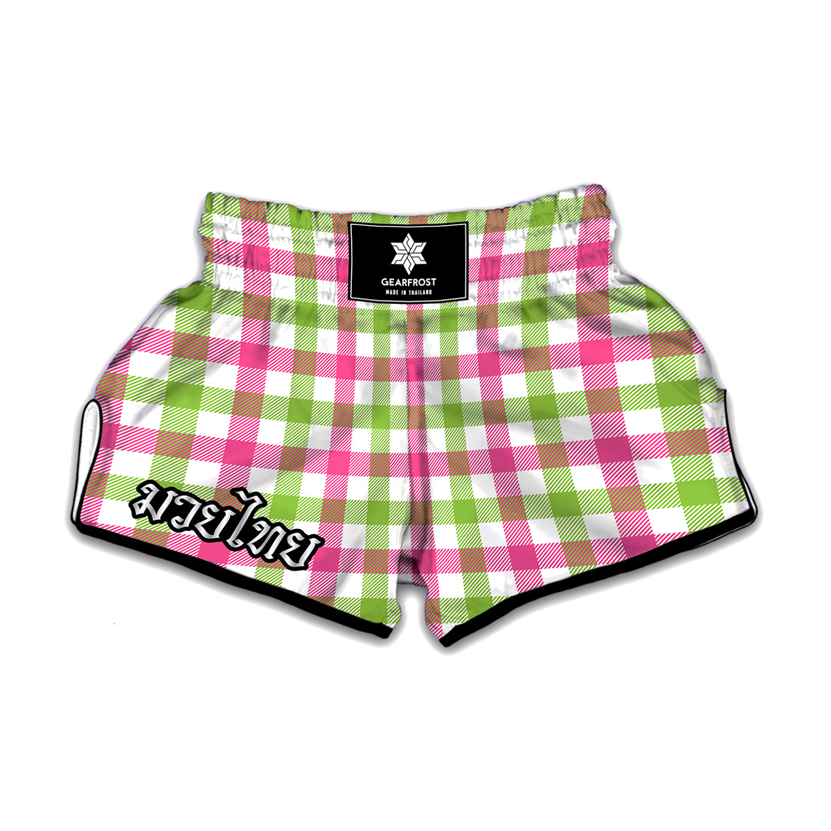 White Pink And Green Buffalo Plaid Print Muay Thai Boxing Shorts