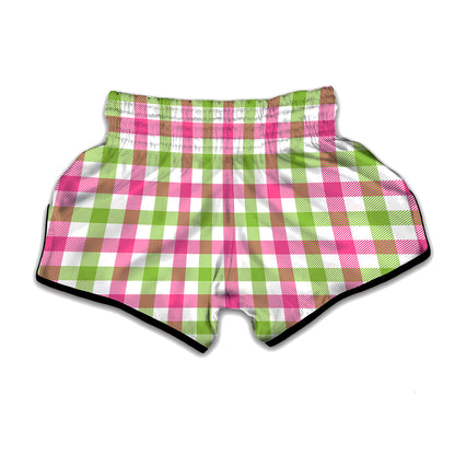 White Pink And Green Buffalo Plaid Print Muay Thai Boxing Shorts