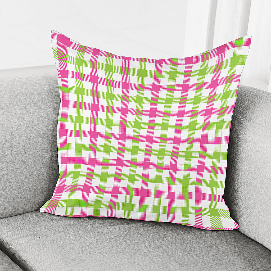 White Pink And Green Buffalo Plaid Print Pillow Cover