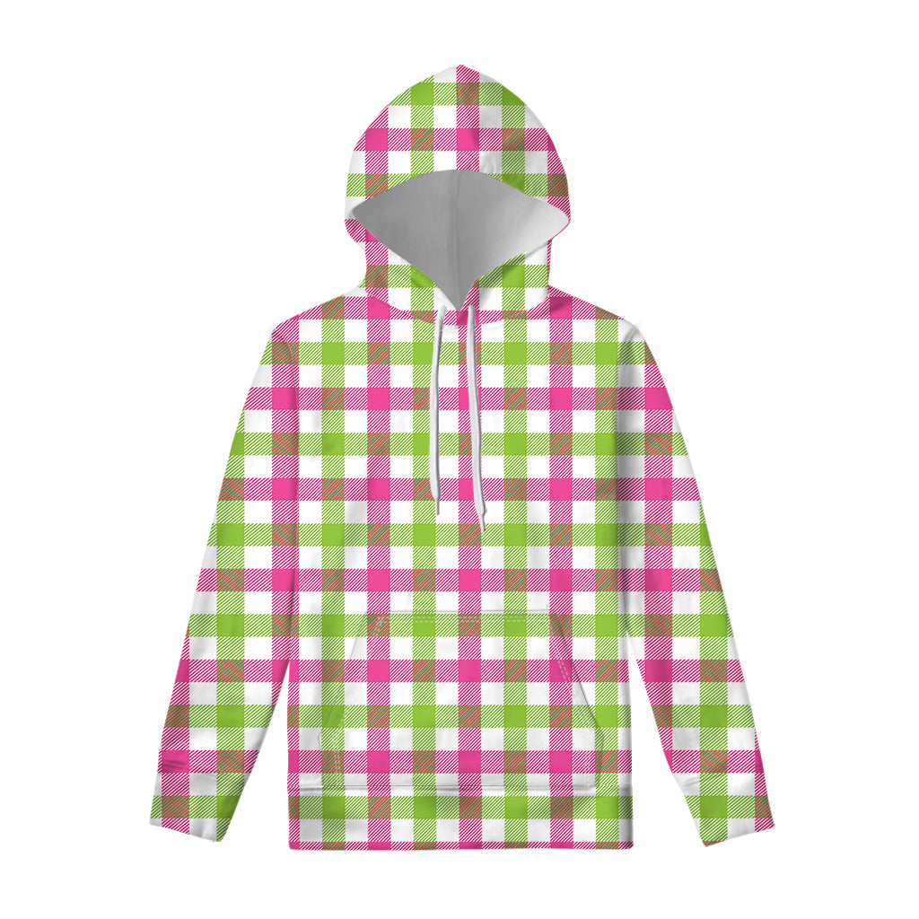 White Pink And Green Buffalo Plaid Print Pullover Hoodie