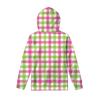 White Pink And Green Buffalo Plaid Print Pullover Hoodie