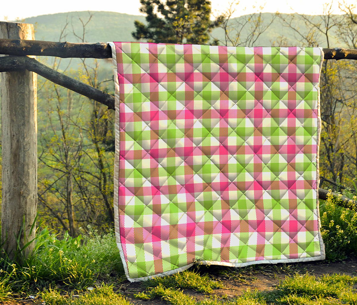 White Pink And Green Buffalo Plaid Print Quilt