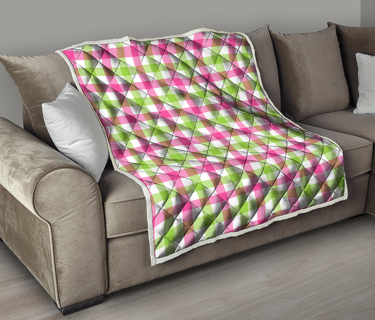 White Pink And Green Buffalo Plaid Print Quilt