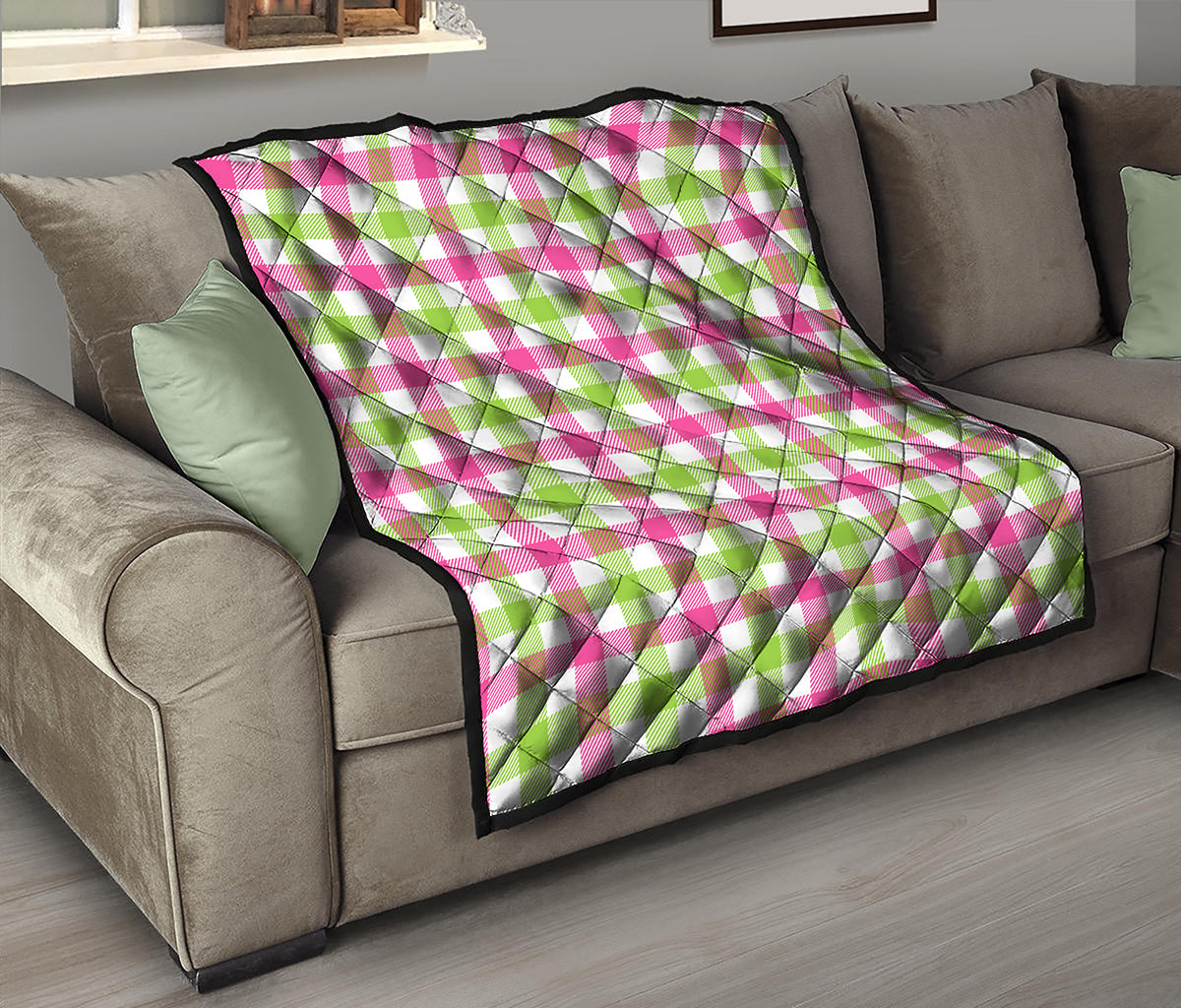 White Pink And Green Buffalo Plaid Print Quilt