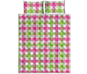 White Pink And Green Buffalo Plaid Print Quilt Bed Set