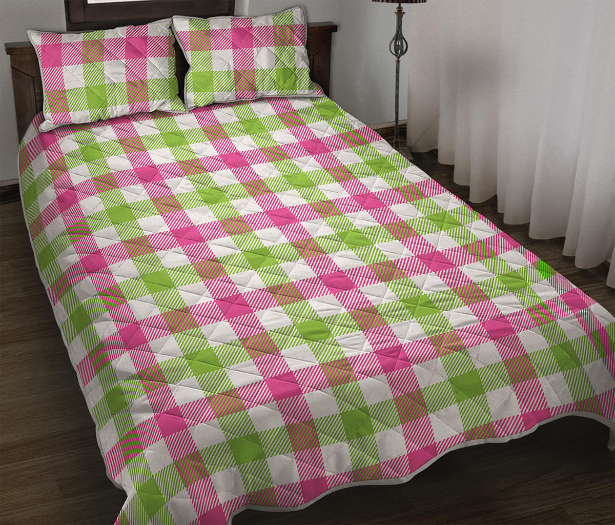 White Pink And Green Buffalo Plaid Print Quilt Bed Set