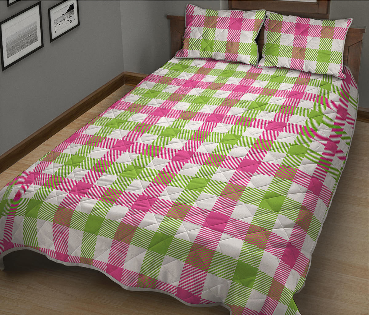 White Pink And Green Buffalo Plaid Print Quilt Bed Set