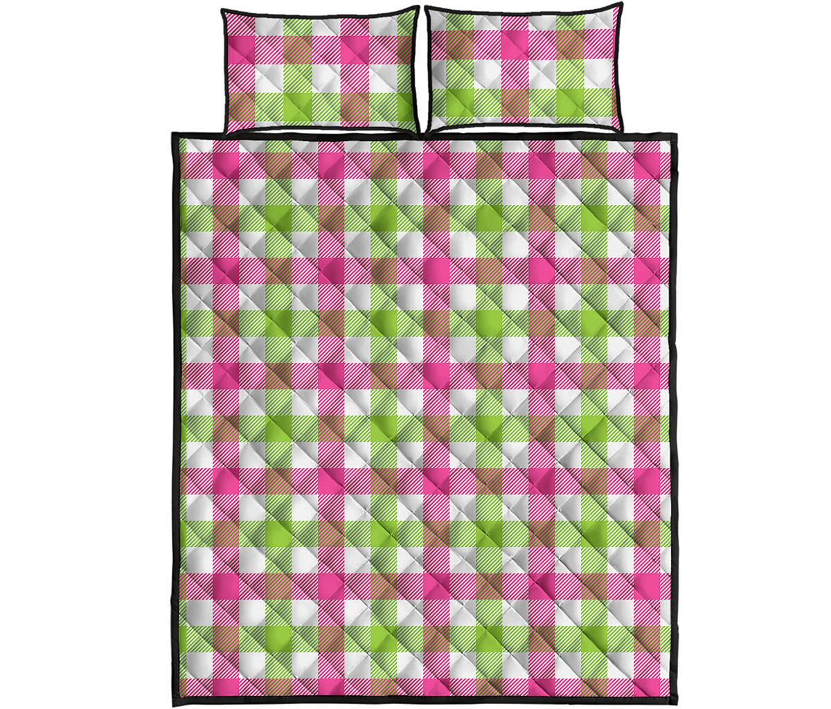 White Pink And Green Buffalo Plaid Print Quilt Bed Set