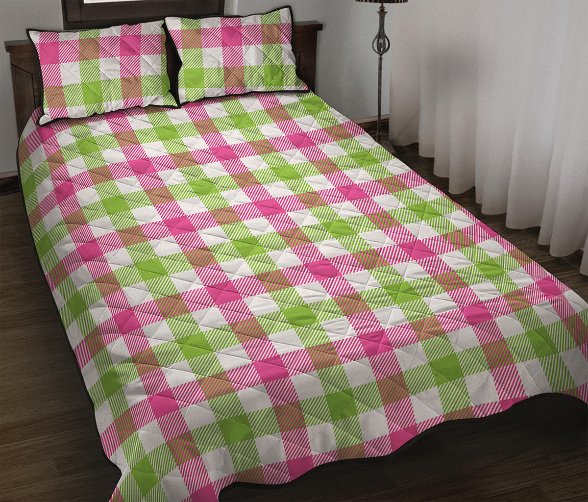 White Pink And Green Buffalo Plaid Print Quilt Bed Set