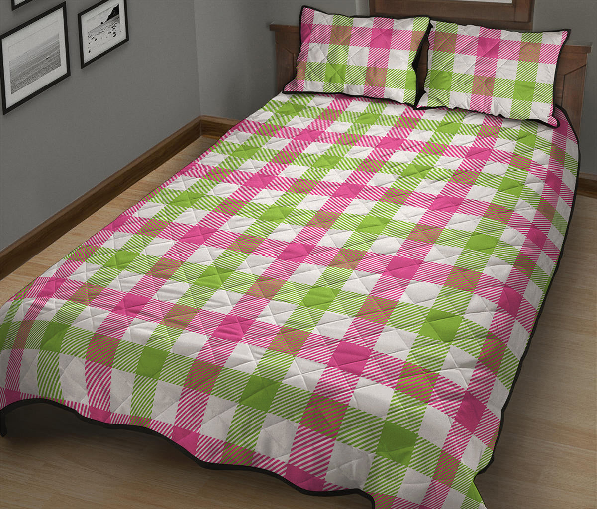 White Pink And Green Buffalo Plaid Print Quilt Bed Set