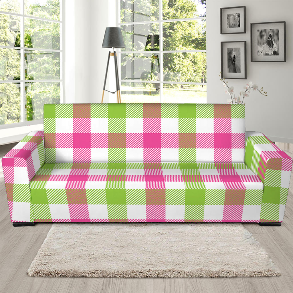 White Pink And Green Buffalo Plaid Print Sofa Slipcover