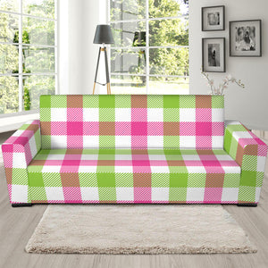 White Pink And Green Buffalo Plaid Print Sofa Slipcover