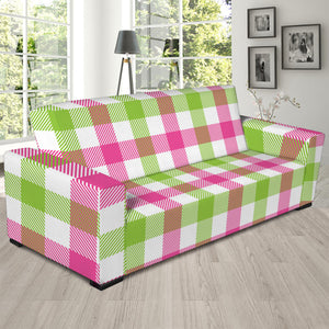 White Pink And Green Buffalo Plaid Print Sofa Slipcover