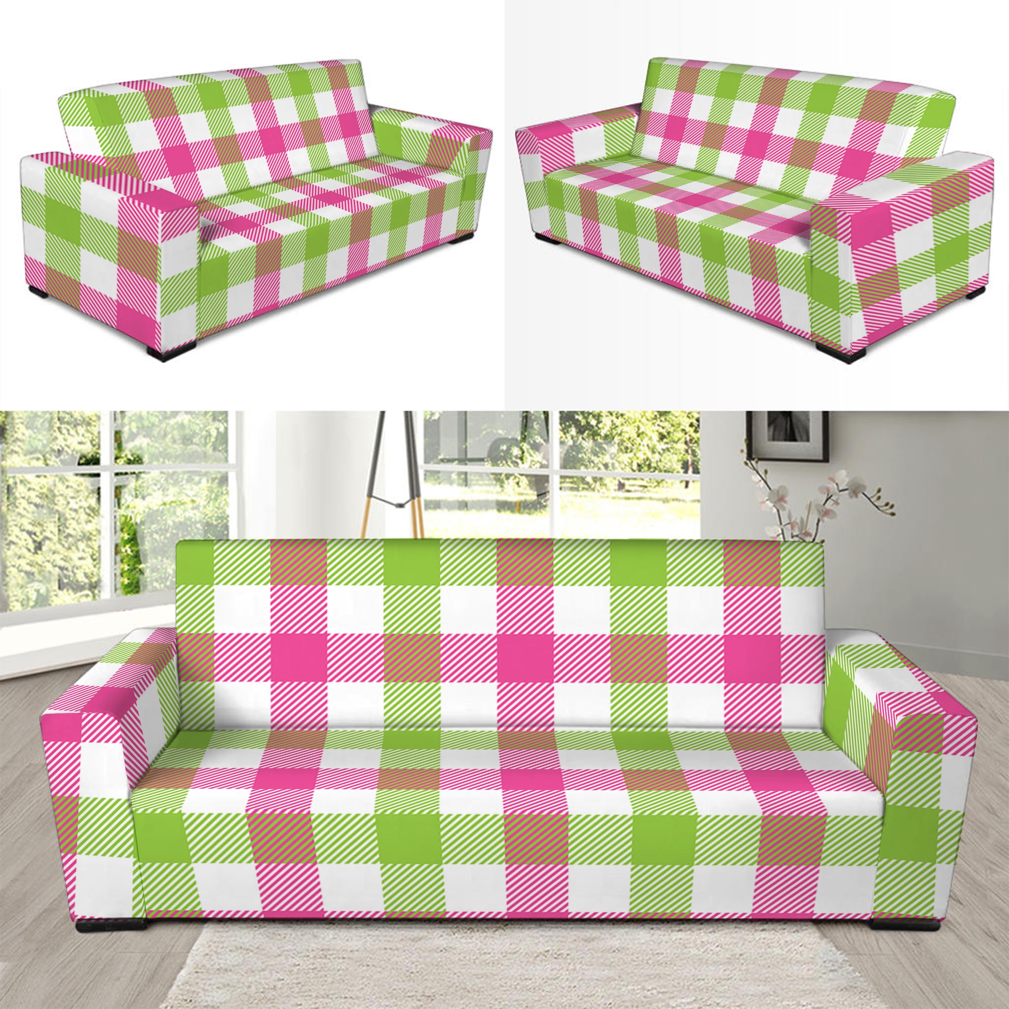 White Pink And Green Buffalo Plaid Print Sofa Slipcover